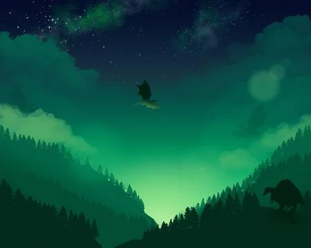 Fantasy landscape at sunset Stock Illustration