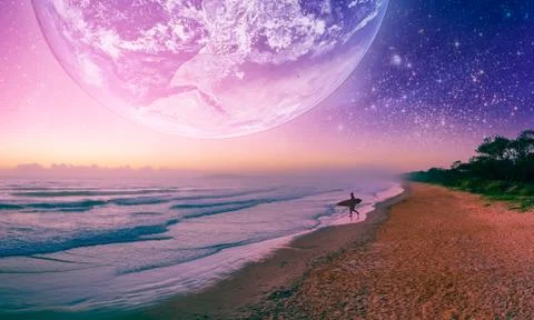 Fantasy landscape of surfer silhouette  walking on the beach of alien planet. Stock Photos