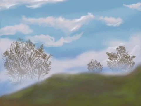 Fantasy landscape with tree and cloudy sky Illustrazione stock