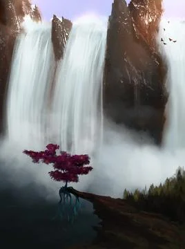Fantasy landscape of a waterfall and a pink tree Stock Photos