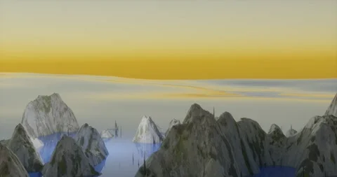 Fantasy liquid ocean between fjords at sunset in gold with reflections in the Stock Footage 198901211