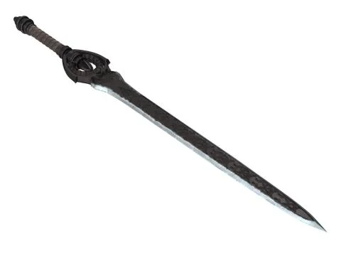 Fantasy longsword with large guard on an isolated white background. 3d Stock Illustration