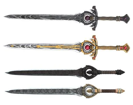 Fantasy longsword with large guard on an isolated white background. 3d Stock Illustration