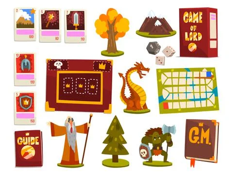 Fantasy Magic Board Game Elements with Map and Cards Vector Set Stock Illustration