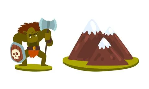 Fantasy Magic Board Game User Interface Set, Mountains and Orc Warrior Monster Stock Illustration