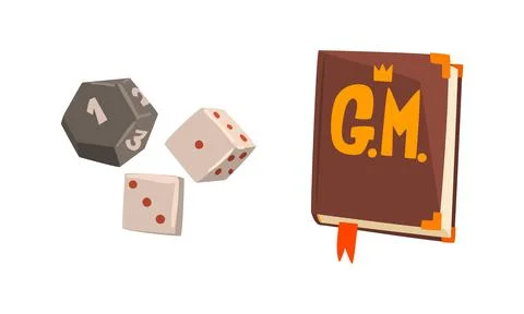 Fantasy Magic Board Game User Interface Set, Dice Cubes and Book Cartoon Vector Stock Illustration