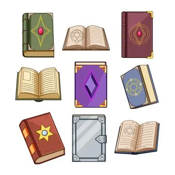 Fantasy magic books and ancient open spellbooks collection Stock-Illustration