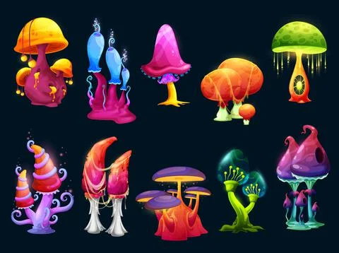 Fantasy magic cartoon mushrooms Stock Illustration