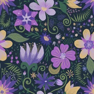 Fantasy magic garden seamless repeating pattern. Handdrawn backgroung illustr Illustrazione stock