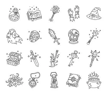 Fantasy magic objects set in outline line art イラスト素材