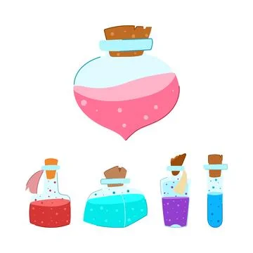Fantasy magic potion bottles colorful liquid collection Stock Illustration