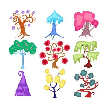 Fantasy magic tree set cartoon vector illustration Stock Illustration