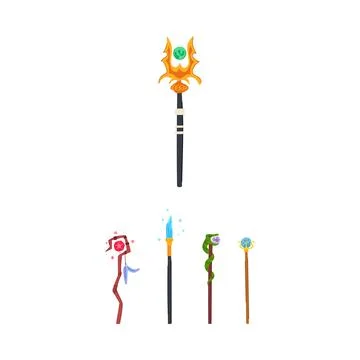 Fantasy magic wizard staffs and mythical wands Stock Illustration
