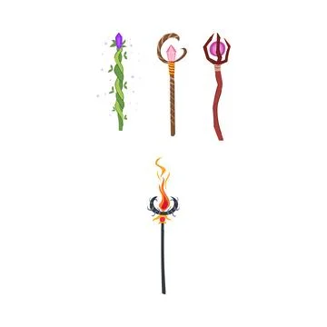 Fantasy magic wizard staffs and wands collection Stock Illustration