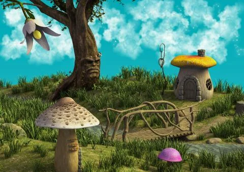 Fantasy meadow with a bridge Stock Illustration