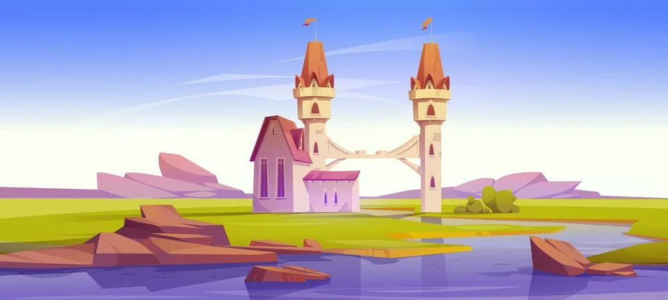 Fantasy medieval castle with bridge over river Stock Illustration
