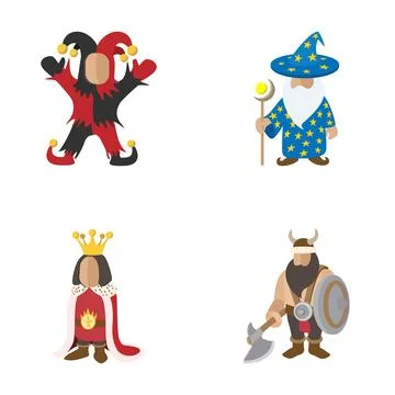 Fantasy medieval characters jester wizard king viking Stock Illustration