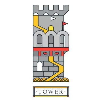 Fantasy medieval tower with flags and hearts. Dragon fortress with a bridge Stock Illustration