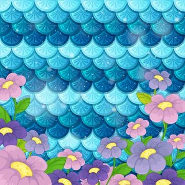 Fantasy mermaid scale pattern with many flowers Stock Illustration