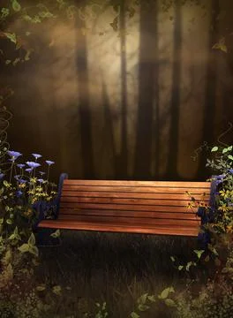 Fantasy moon night with bench backside bamboo tree background Stock Photos
