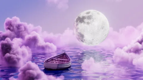 Fantasy Moon Over Purple Ocean with Floating Boat Loop Animation Video stock 337225409