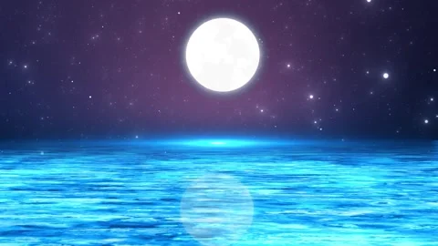 Fantasy moonlight ocean glowing full moon, sparkling stars, calm water reflectio Stock Footage 340471623