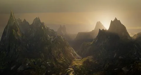 Fantasy mountain range with dramatic lighting and mysterious mist. 3d renderi 스톡 일러스트