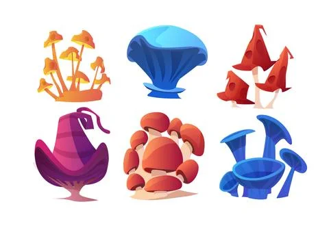 Fantasy mushrooms cartoon vector set, magic fungi of unusual shapes, fairy イラスト素材