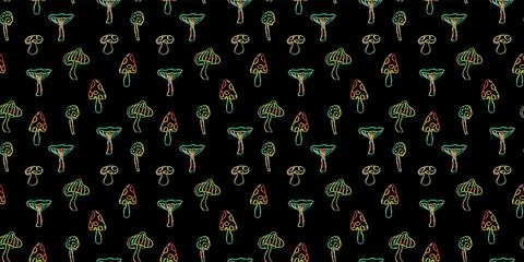 Fantasy mushrooms seamless pattern. Line art funny floral elements. Mushroom Stock Illustration