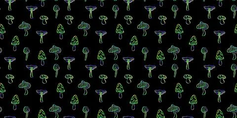 Fantasy mushrooms seamless pattern. Line art funny floral elements. Mushroom 스톡 일러스트