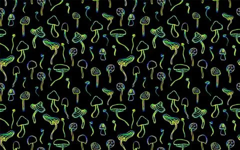 Fantasy mushrooms seamless pattern. Line art funny floral elements. Mushroom 스톡 일러스트