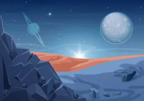 Fantasy mystery alien landscape, another planet nature with rocks and planets in Stock-Illustration