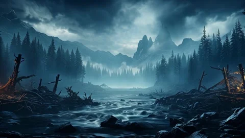 Fantasy Mystical Forest River Mountain View - Enchanting 4K Animation Loop Stock Footage 306080630