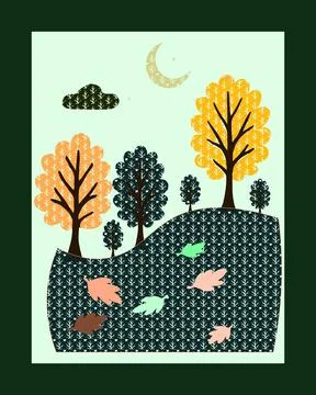 Fantasy Nature Landscape with Moon Clouds and Falling Colorful Leaves at Nig 스톡 일러스트