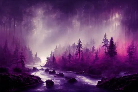 Fantasy neon forest jungle at sunset mystical unreal forest beautiful landscape Stock Illustration