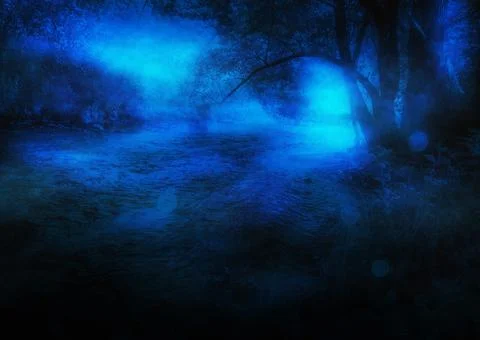 Fantasy night forest with river Stock Illustration