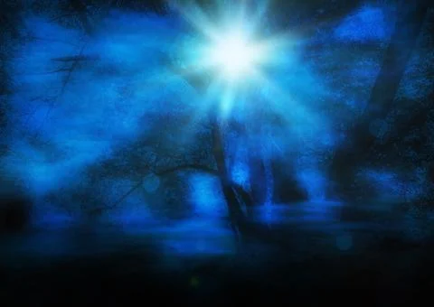 Fantasy night forest with river Stock Illustration