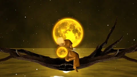 Fantasy Night Full moon with silhouette of person taking a small moon Stockbeeldmateriaal 167513518