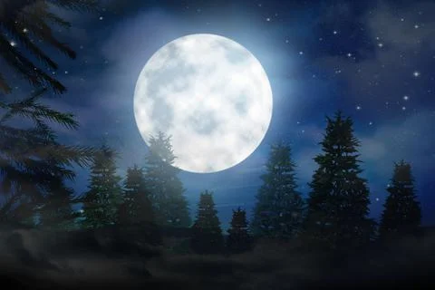Fantasy night. Full moon in sky over fir forest Ilustração Stock