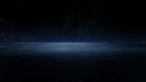 Fantasy night ocean sci-fi water planet horizon on star field space backgroun Stock Illustration