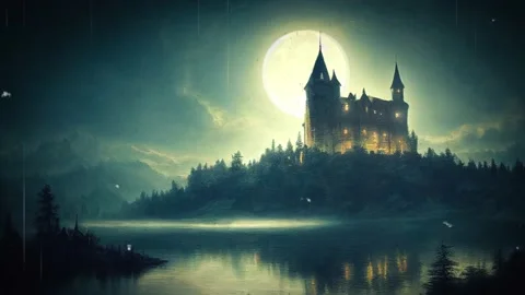 Fantasy night scene with gothic architecture castle and full moon in sky. A.. Stock Footage 235472701