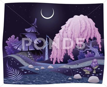 Fantasy nightly landscape on the riverside. Stock Illustration