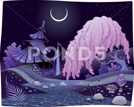 Fantasy nightly landscape on the riverside. Stock Illustration