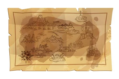 Fantasy old map vector illustration, travel cartography antique paper 스톡 일러스트