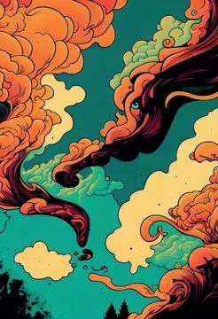 Fantasy orange cartoon clouds in the sky abstract background. Illustrazione stock