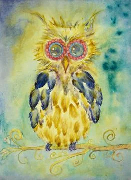 Fantasy owl on a branch Stock Illustration