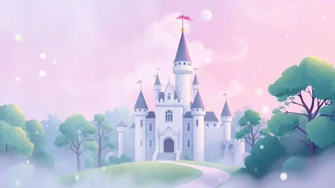 Fantasy Palace on Hill with clouds - Peaceful Cartoon Illustration Video stock 305731435