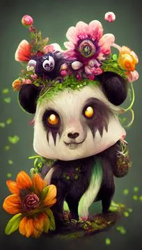 A fantasy panda with flowers and a beautiful magical fairy tale enchanted forest Stock Illustration