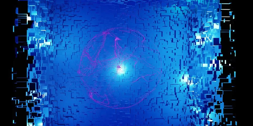 Fantasy pixel blocks technology abstract background modern scene concept 3D i Stock Illustration