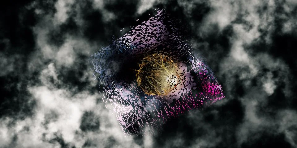 Fantasy pixel blocks technology abstract background modern scene concept 3D i Stock Illustration